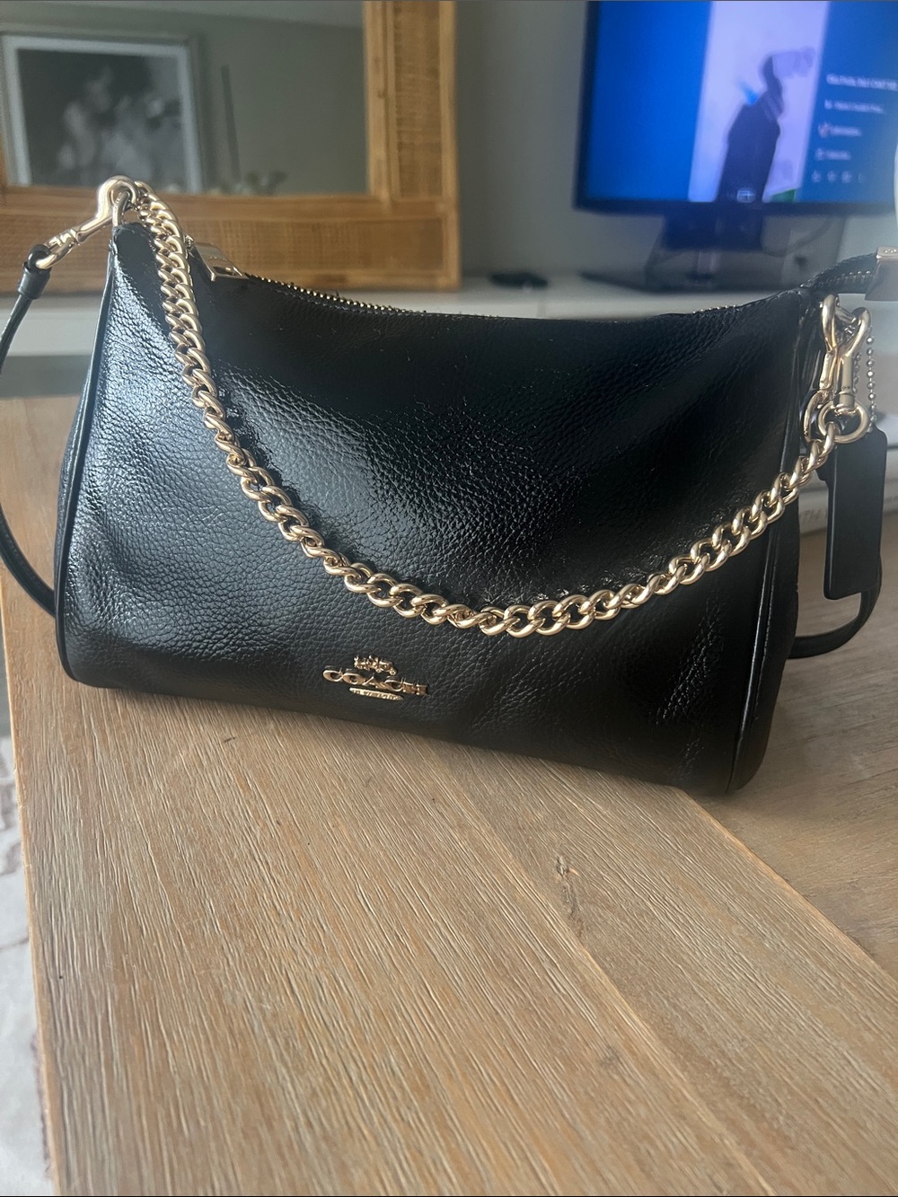 Coach Carrie Black Pebbled Leather Shoulder Bag with Gold Chain Detail